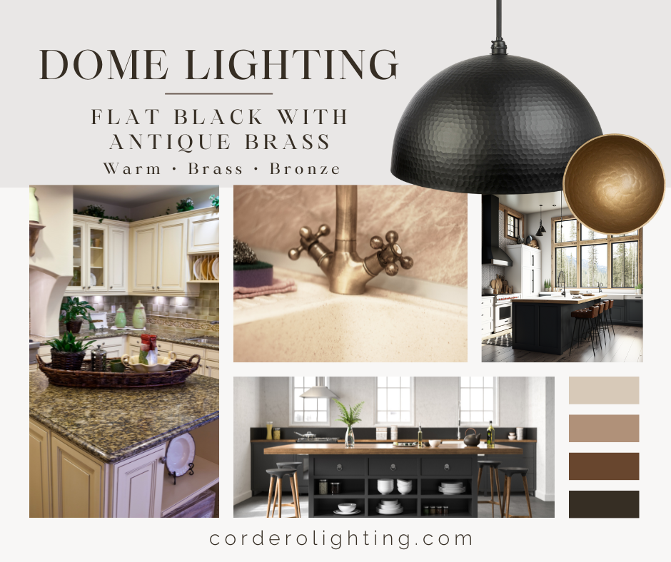 Dome Lighting - Flat Black with Antique Brass